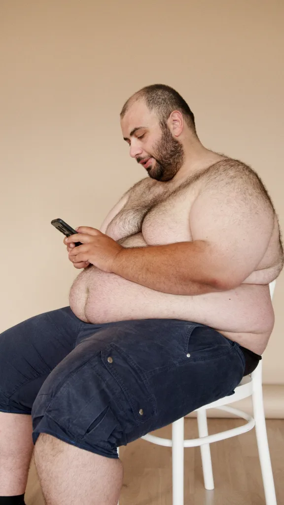 overweight man with high cholesterol sitting while holding cellphone