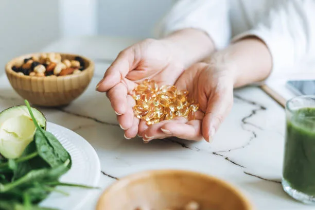 Woman doctor nutritionist hands in white shirt with omega 3, vitamin D capsules with green vegan food. The doctor prescribes a prescription for medicines and vitamins at clinic, healthy food and treatment