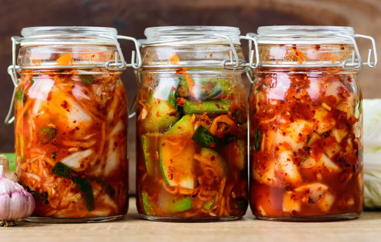 fermented foods Kimchi cabbage, cucumber and radish in a jar, Korean food
