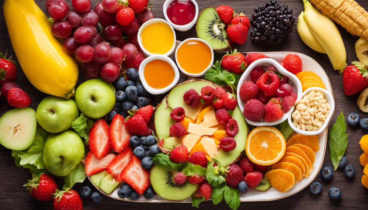 Image of a brightly colored plate filled with fruits, vegetables, lean proteins, whole grains, and limited sweets, representing a balanced diet for preventing childhood obesity