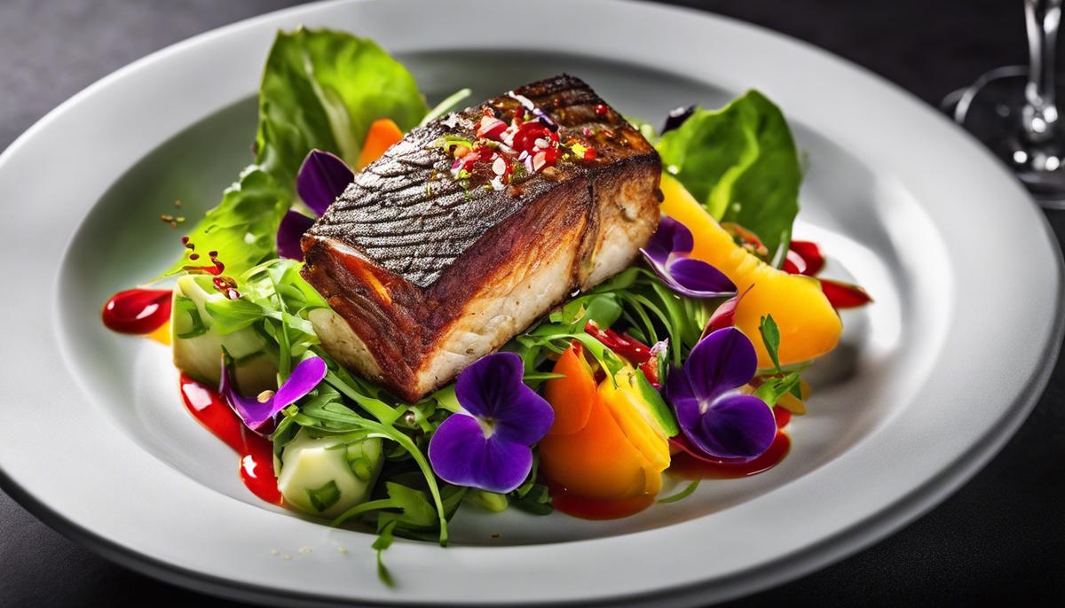 A photo of a beautifully presented dish with vibrant colors and artistic plating.