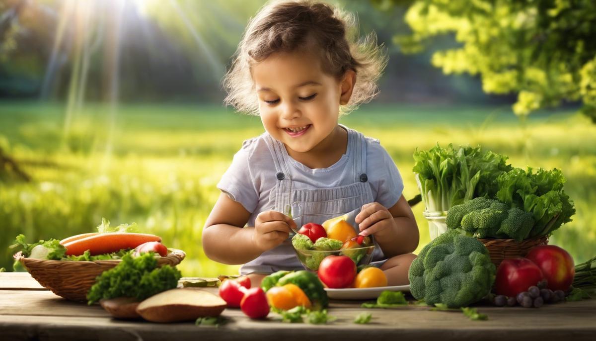 Image depicting a child eating healthy food and playing outside