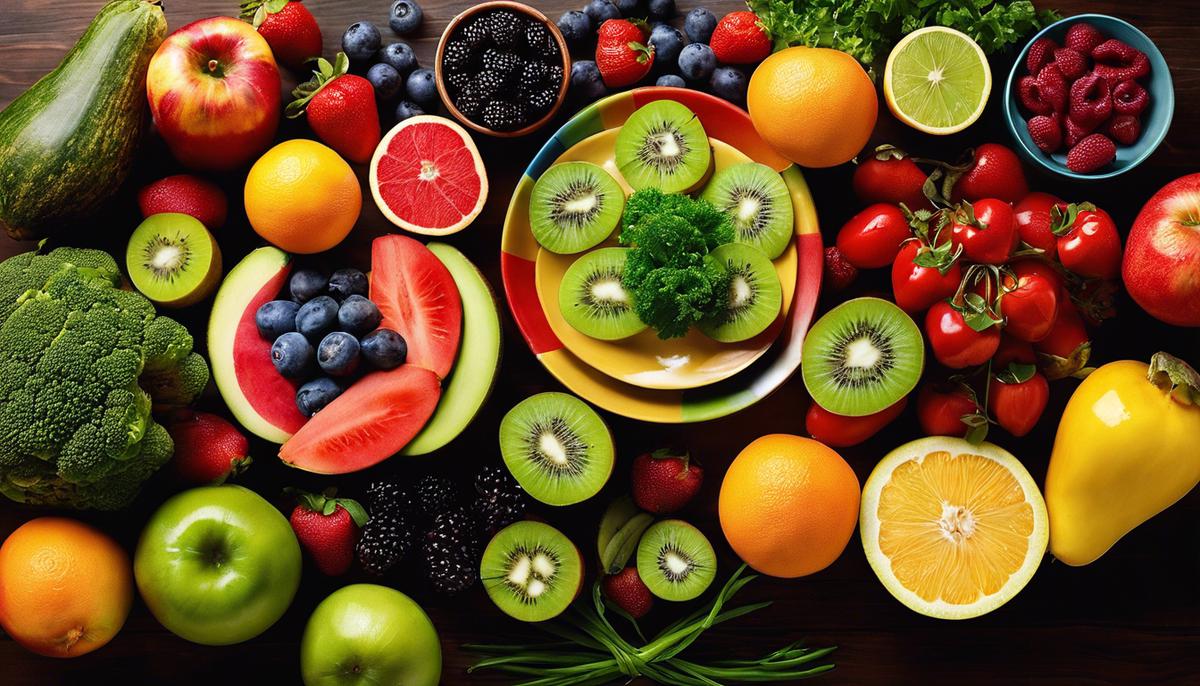 Image of a Colorful Plate, showcasing a variety of vibrant fruits, vegetables, grains, and proteins, appealing to the eye and promoting healthy eating habits.