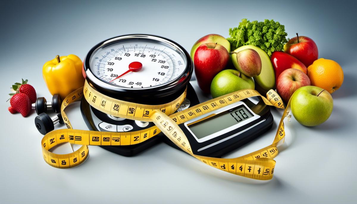 Image depicting the concept of weight loss, showing a scale and measuring tape surrounded by healthy food and exercise equipment.