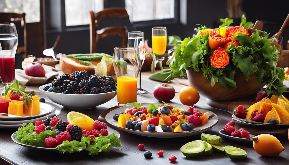 Image: A beautifully set dining table with a wide variety of colorful and healthy foods, inspiring creativity and a positive relationship with food.