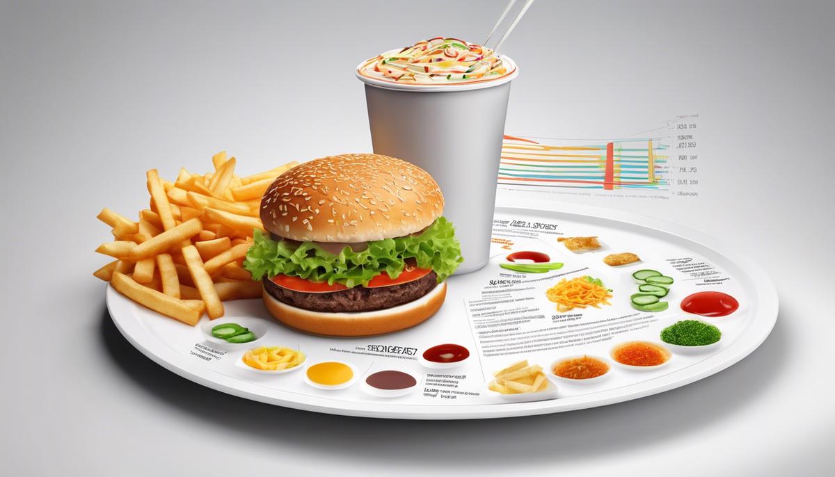 Image depicting a plate of fast food with an analysis diagram showcasing its nutritional values