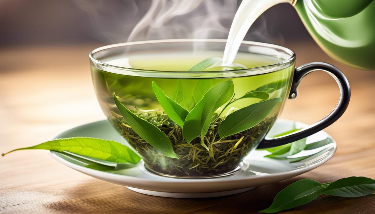 A cup of green tea in a peaceful setting with green leaves and steam rising from the cup.