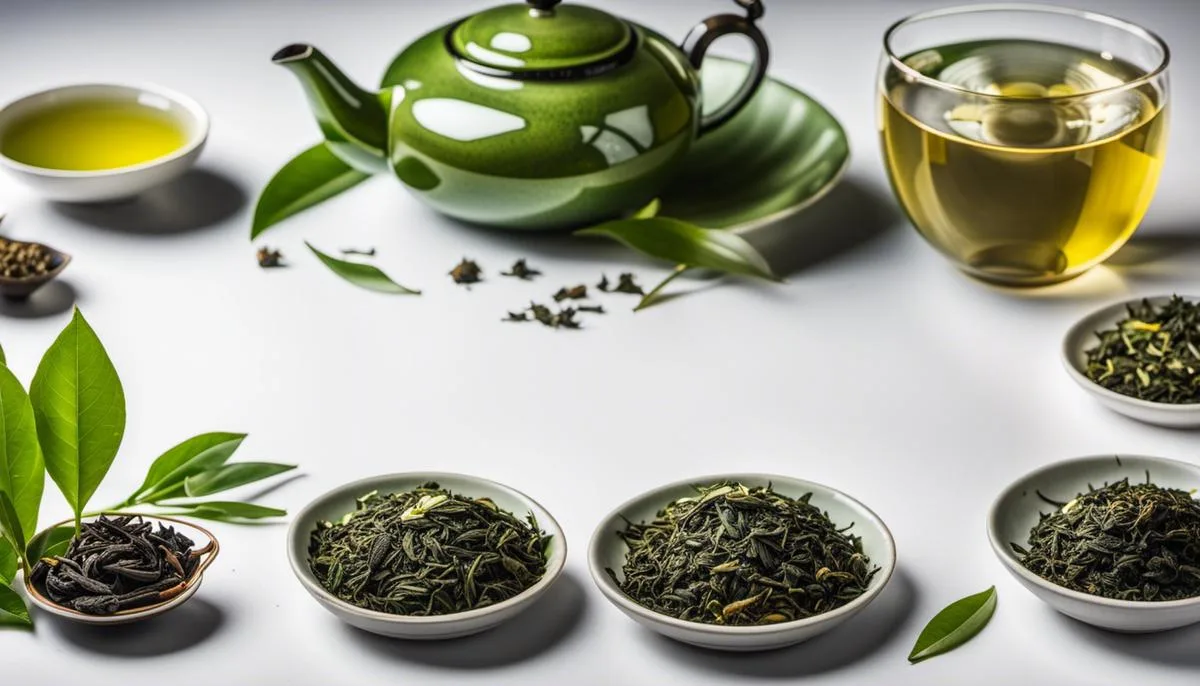 weight loss secrets with green tea in a saucer and green kettle of tea