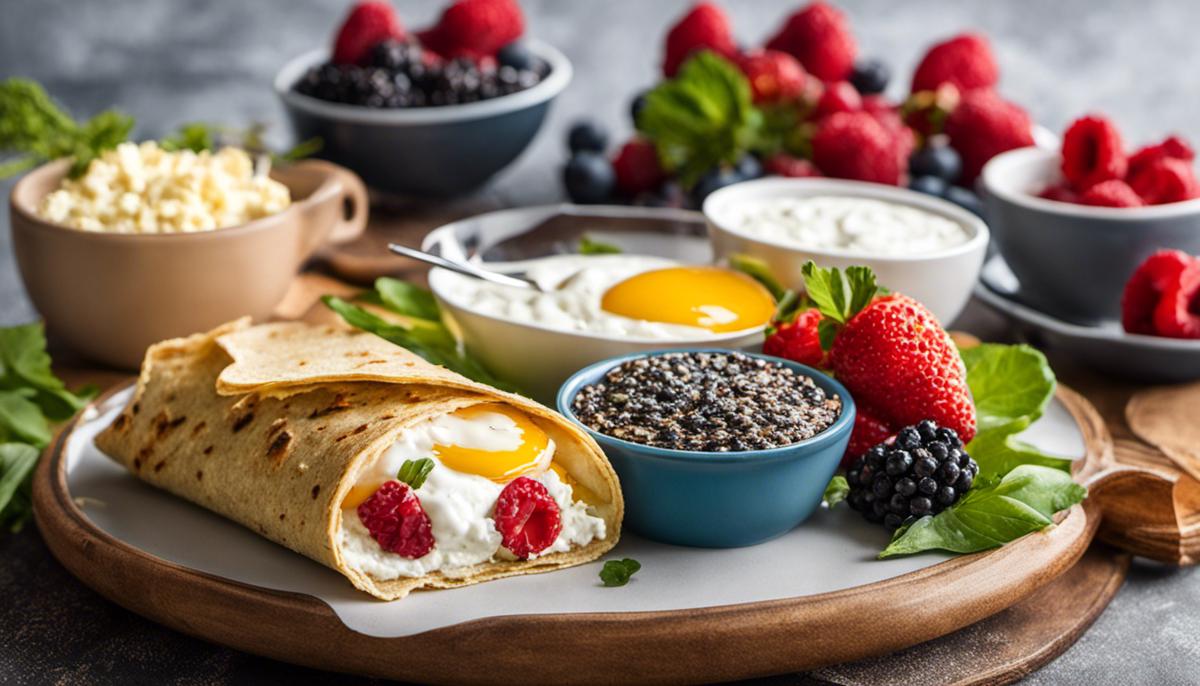 A breakfast spread with cottage cheese, egg white omelette, Greek yogurt with berries and chia seeds, and a chicken wrap, representing high-protein breakfast options for weight loss.