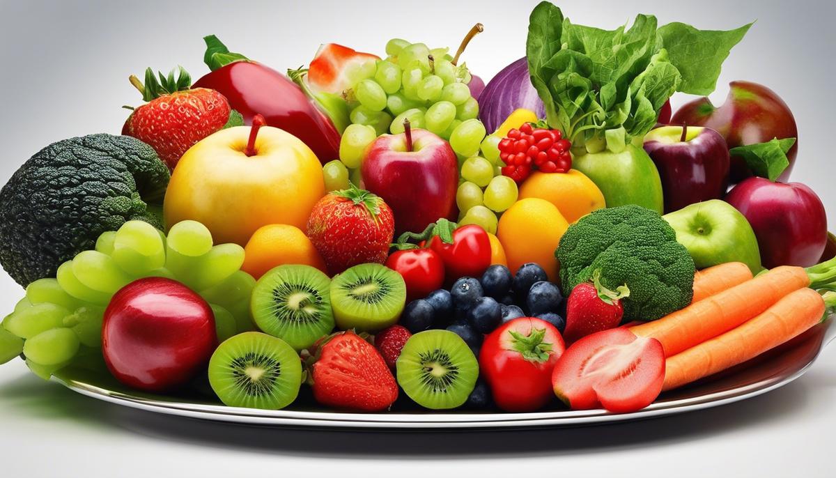 An image of a plate full of colorful fruits and vegetables, representing a healthy and balanced diet for children.