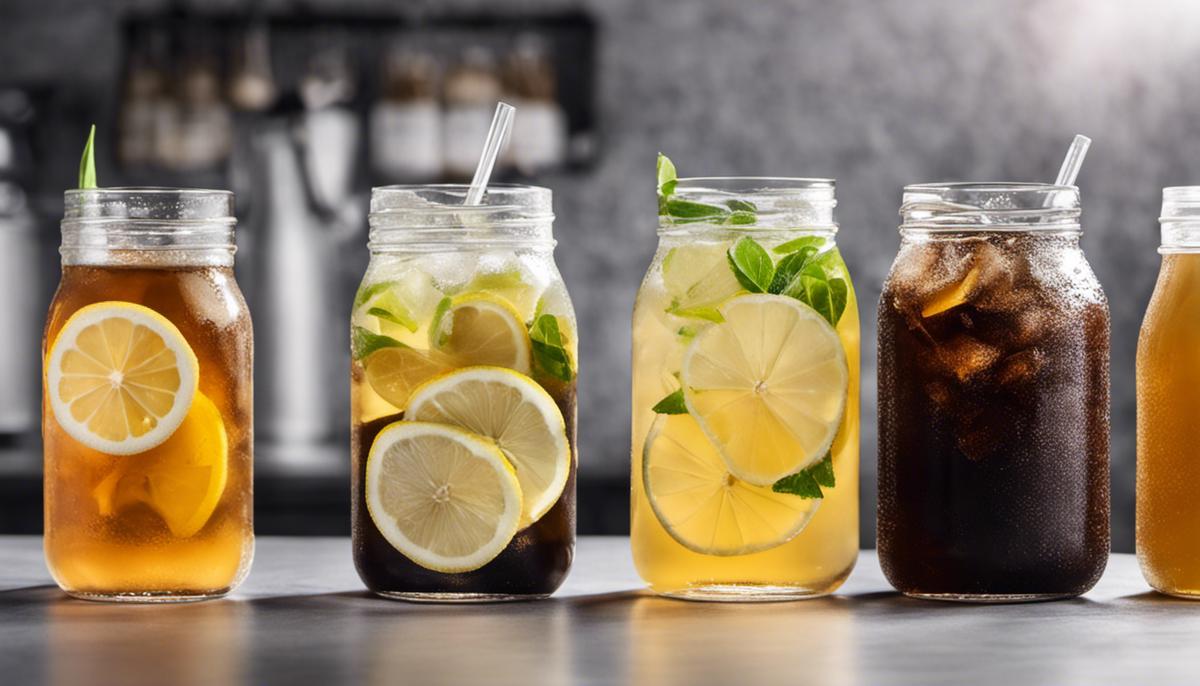 A selection of healthy low-sugar beverages, consisting of black coffee, unsweetened tea, and a glass of water with lemon slices.