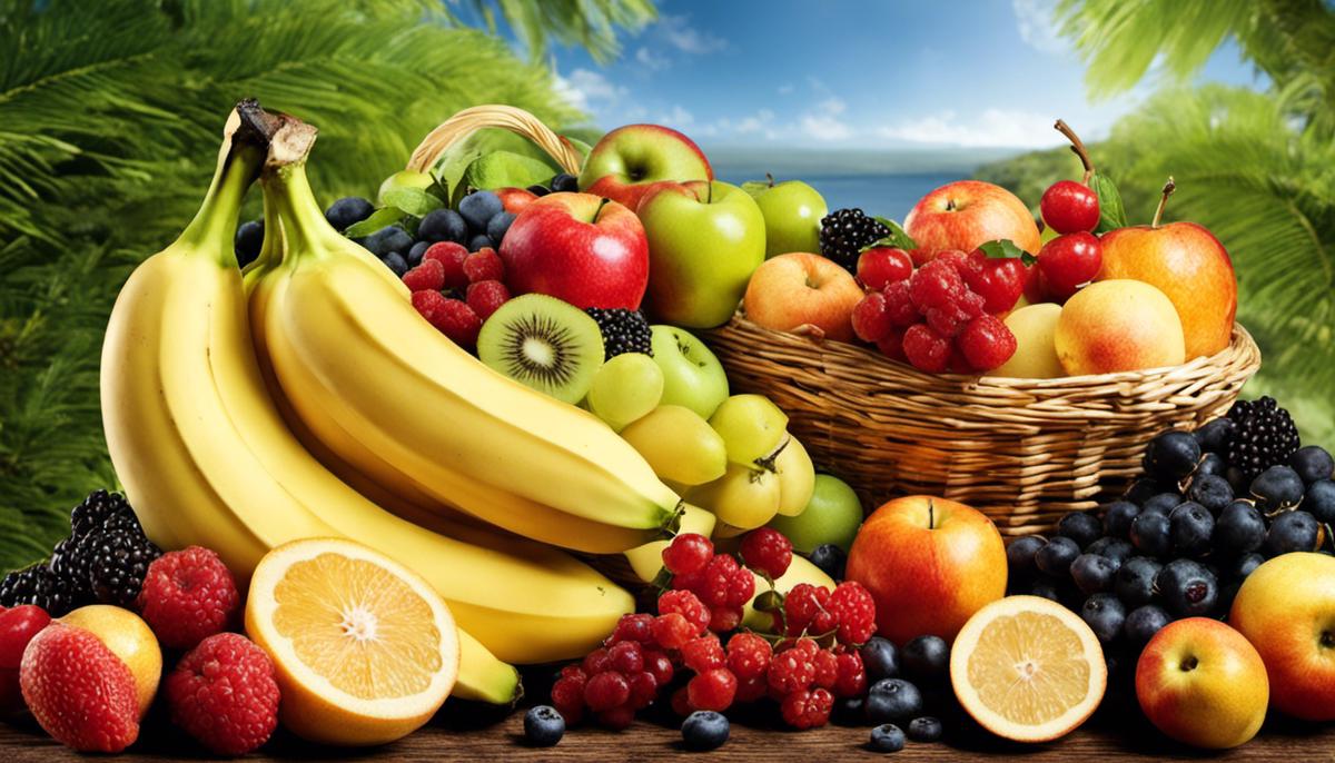 A variety of nutrient-rich fruits, such as berries, apples, grapefruits, and bananas, arranged in an appetizing manner.