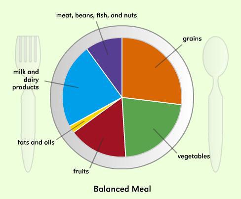A balanced meal on a plate divided into sections, showing proper portion sizes for vegetables, lean protein, and whole grains or starches.
