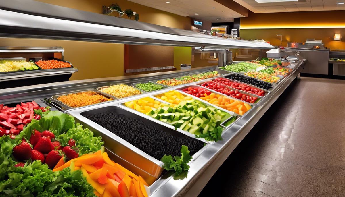A vibrant image of a cafeteria salad bar filled with a diverse selection of fresh fruits and vegetables, presenting a colorful and healthy meal.