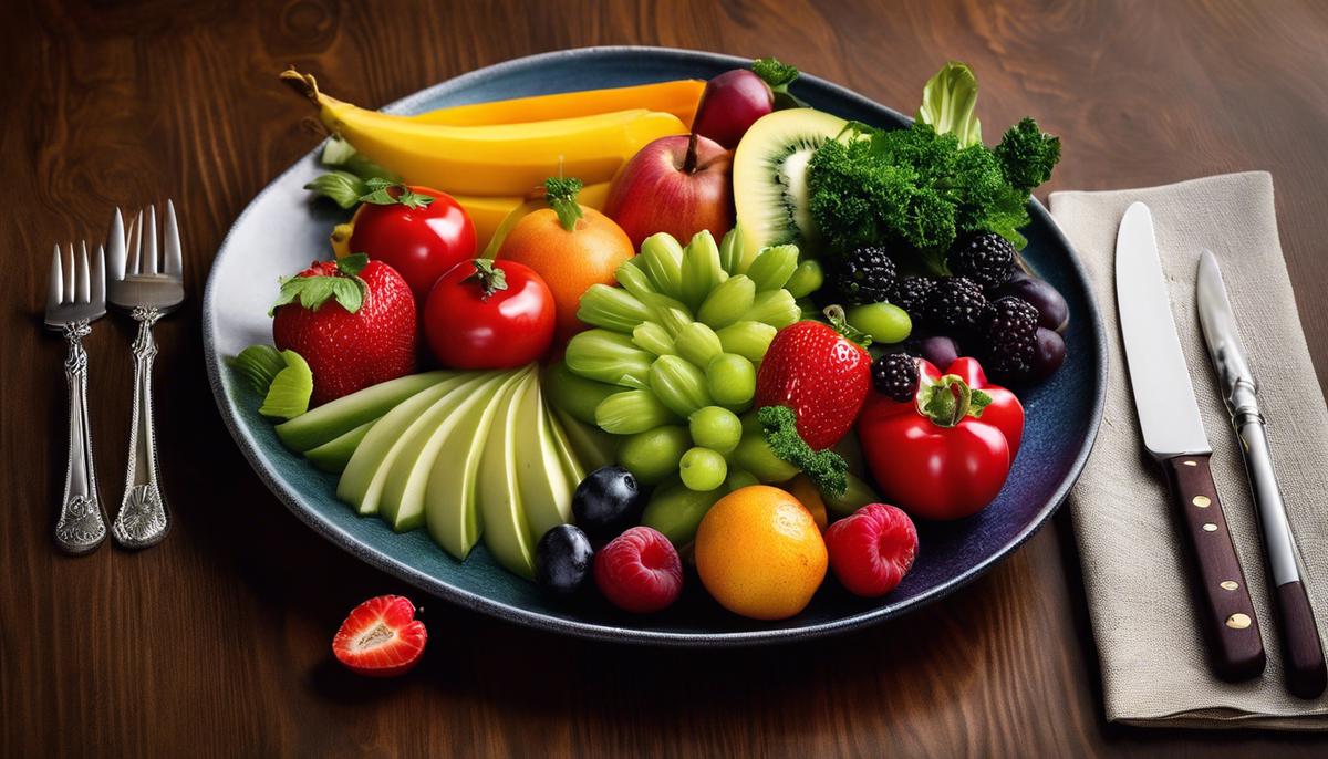 An image featuring a beautifully arranged plate of colorful fruits and vegetables.
