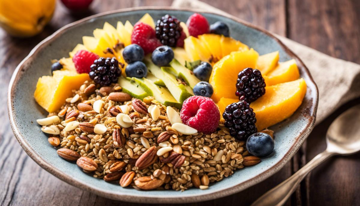 A delicious and nutritious breakfast bowl filled with whole grains, fruits, and nuts.